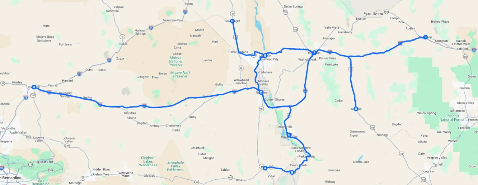 Map showing TRT Roadside mobile diesel repair coverage across the I-40 corridor, AZ-95, and Mohave Valley.
