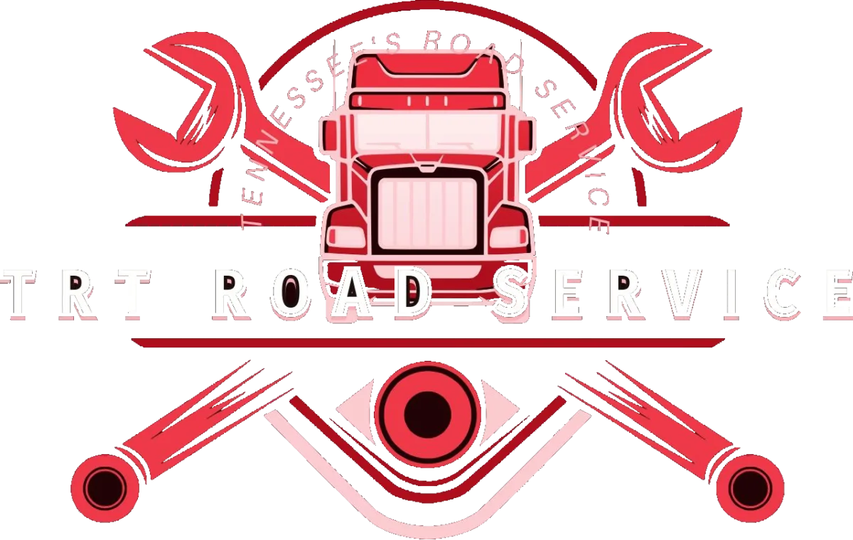 Logo for TRT Road Service featuring a red semi-truck flanked by wrenches and engine components.
