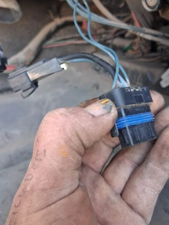 Mechanic holding a black heavy-duty electrical connector with blue weather stripping for commercial truck engine repair.