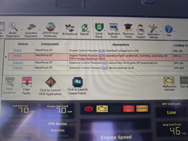 Professional JPRO diagnostic screen displaying fault codes for a MaxxForce DT engine during a roadside repair.