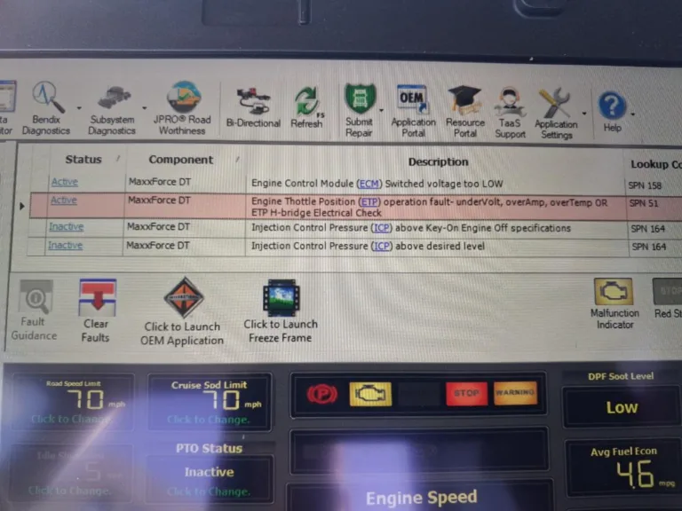 Professional JPRO diagnostic screen displaying fault codes for a MaxxForce DT engine during a roadside repair.
