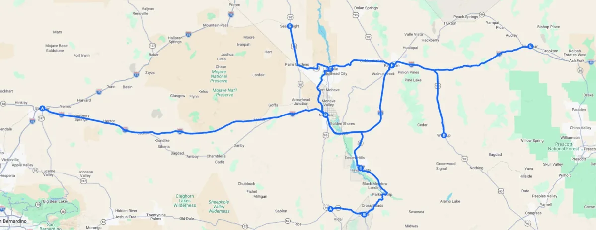 Digital map showing commercial truck roadside assistance coverage along I-40 and AZ-95 in Arizona and California.