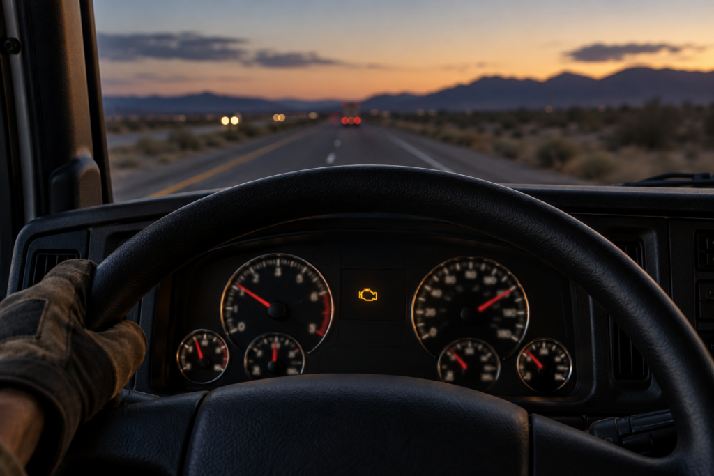 Dashboard of a semi-truck at dusk with one amber warning lamp lit and a gloved hand on the steering wheel.