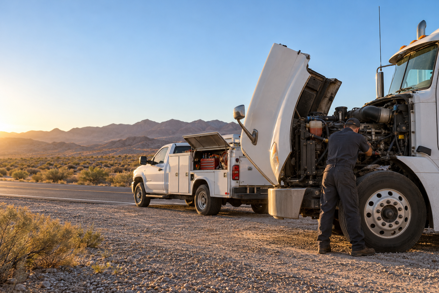 Mechanic at the open hood of a semi-truck on a desert roadside at sunrise, with a service pickup parked beside it.