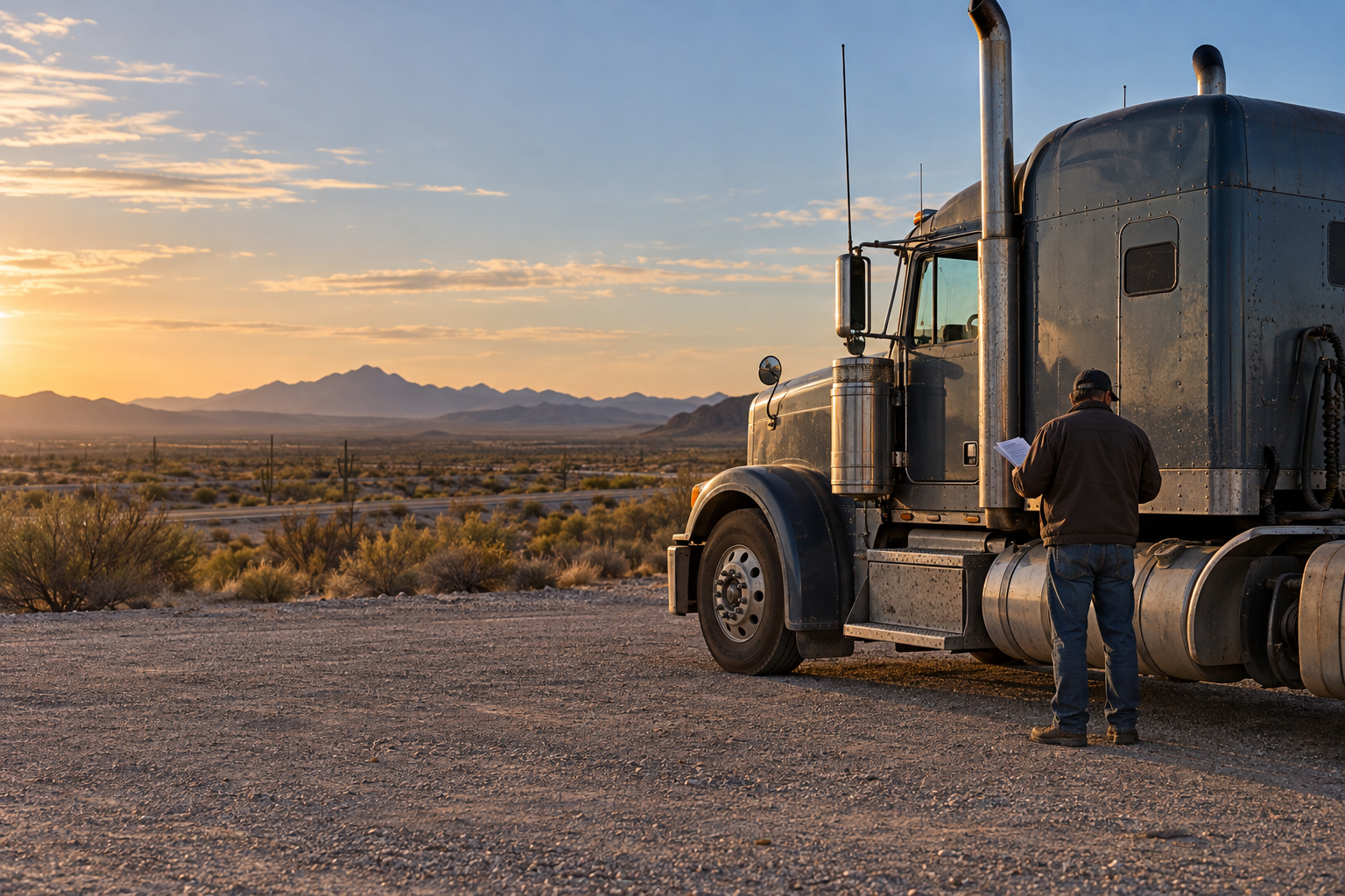 Truck owner-operator holding paperwork beside a tractor on a desert lot at sunset.