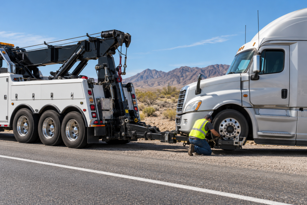 Heavy wrecker with its underlift hooked to a stopped semi-truck on a desert shoulder, an operator in a hi-vis vest at the hookup.