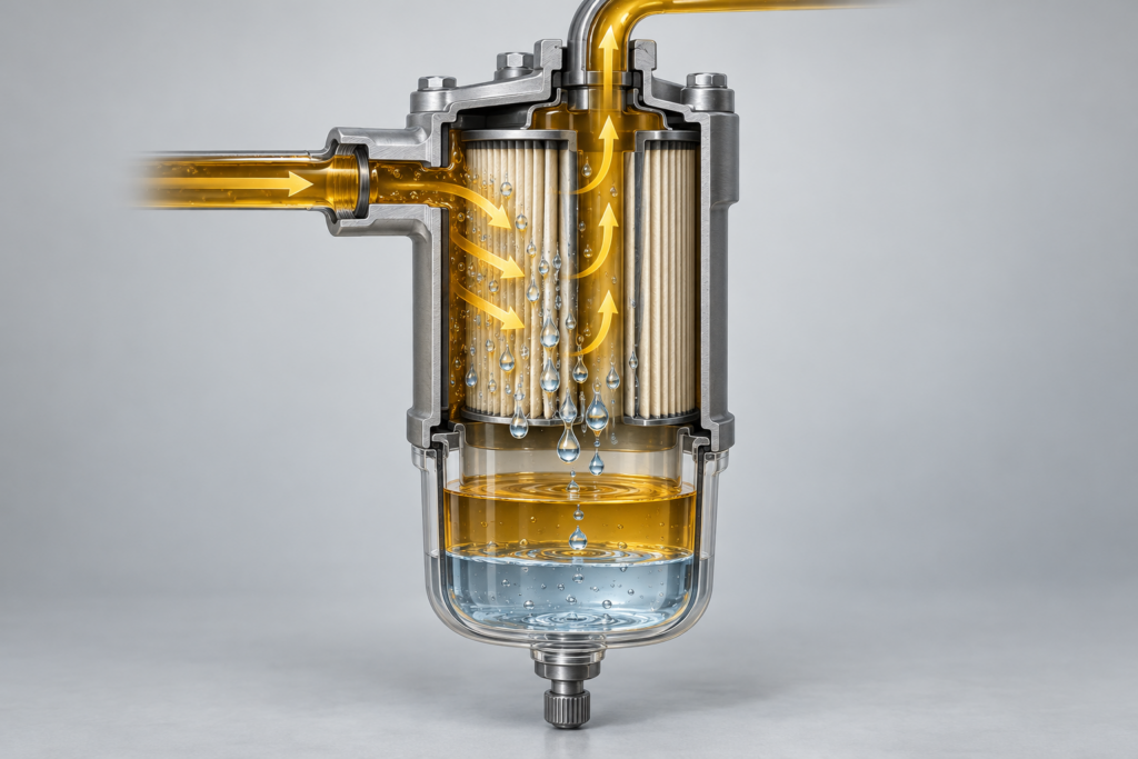 Illustration of how a fuel water separator works: fuel enters, water droplets fall into the bowl, and clean fuel leaves at the top.