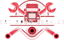 Logo for TRT Road Service featuring a red semi-truck flanked by wrenches and engine components.