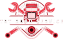 Logo for TRT Road Service featuring a red semi-truck flanked by wrenches and engine components.