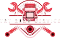 Logo for TRT Road Service featuring a red semi-truck flanked by wrenches and engine components.